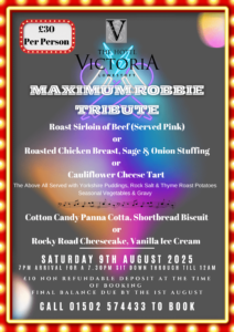 Robbie Williams Tribute night menu 2025 Hotel Victoria